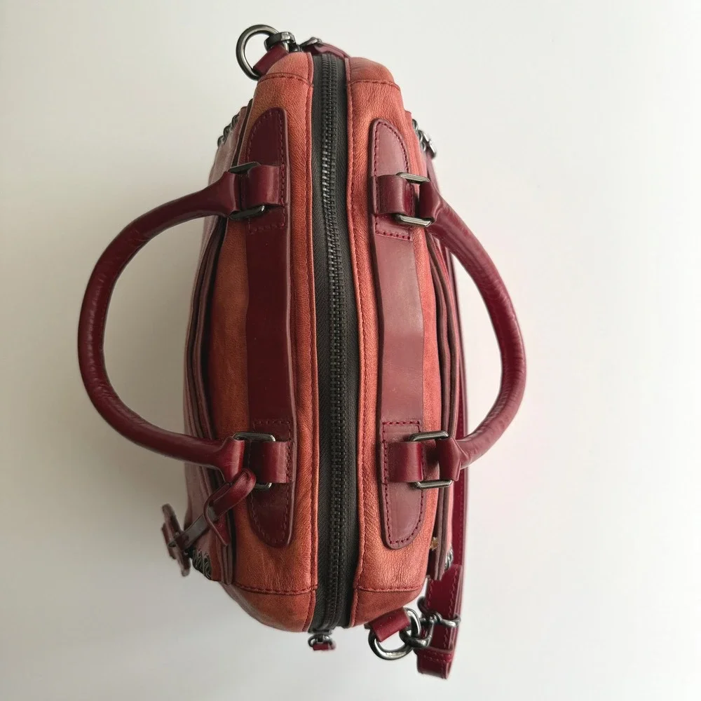 Olivia Harris Double Top Satchel Distressed Red Leather Shoulder Bag Purse - Picture 6 of 14